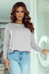 Buttoned Slit Long Sleeve Top Blouses - Tophatter Daily Deals