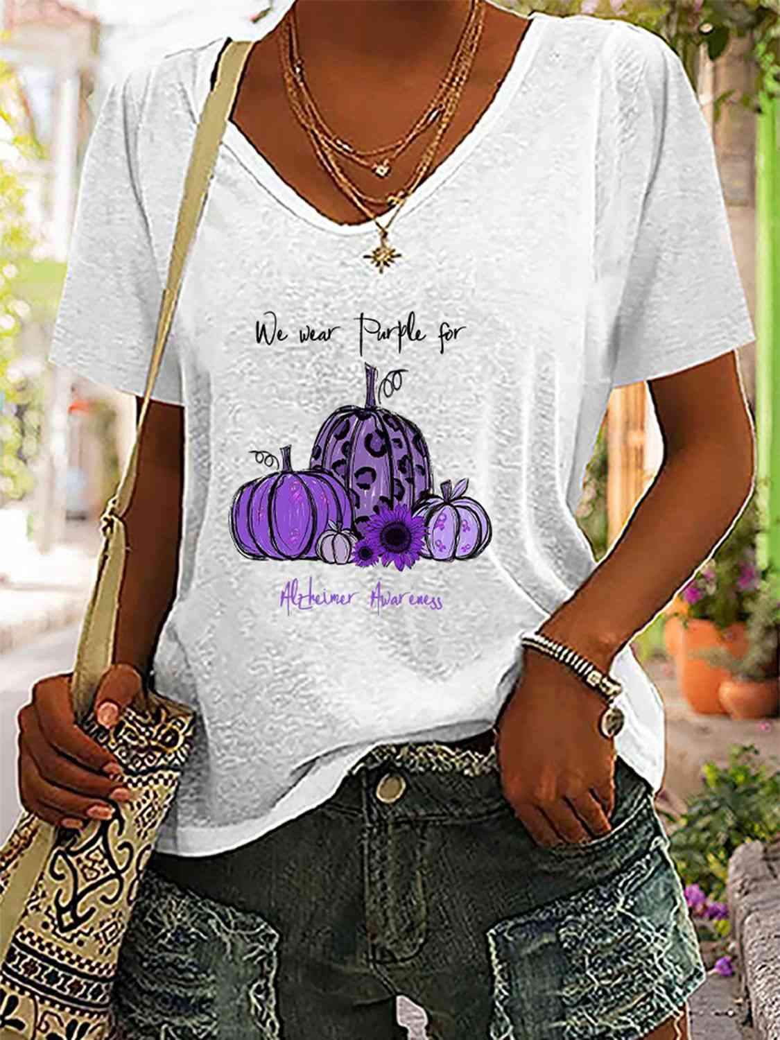 Full Size Pumpkin Graphic V-Neck T-Shirt White Women's T-Shirts - Tophatter Daily Deals