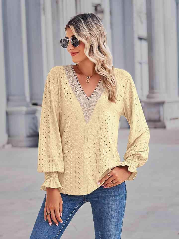 V-Neck Eyelet Flounce Sleeve Blouse Blouses - Tophatter Daily Deals