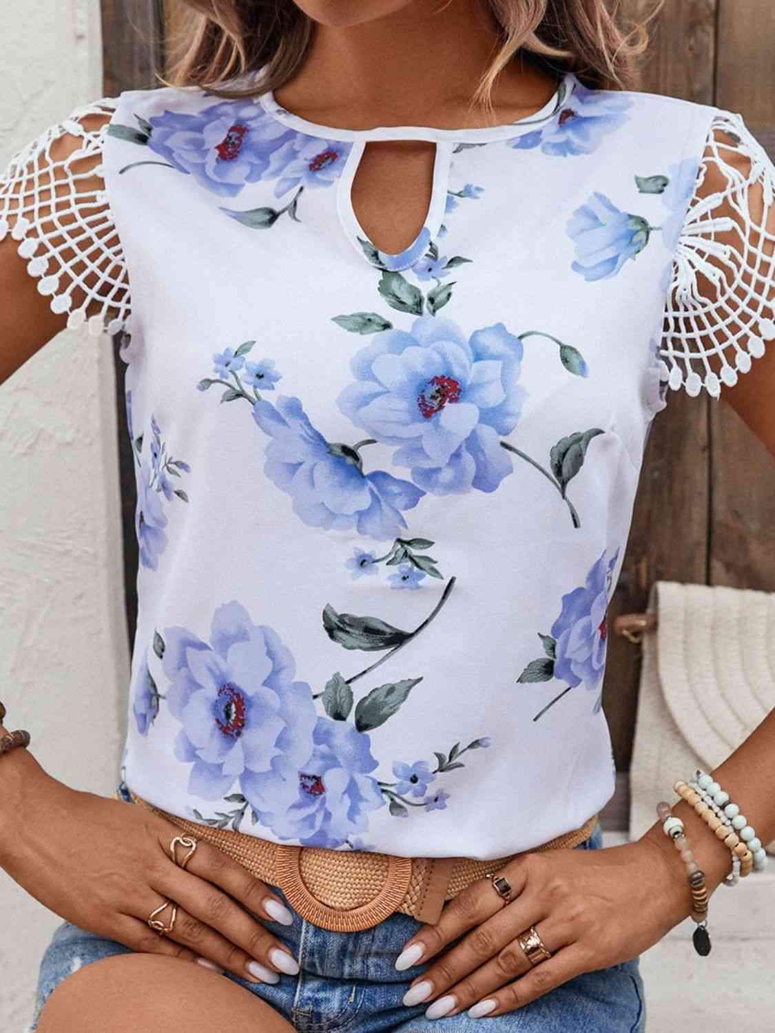 Floral Cutout Round Neck Blouse White Blouses - Tophatter Daily Deals