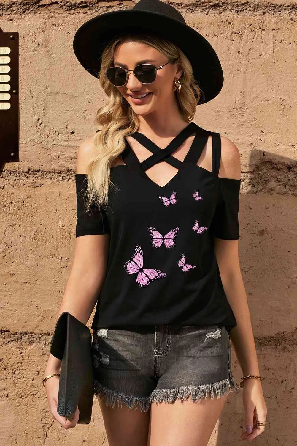 Butterfly Graphic Strappy Cold-Shoulder Top Blouses - Tophatter Daily Deals