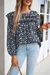 Printed Round Neck Long Sleeve Blouse Blouses - Tophatter Daily Deals