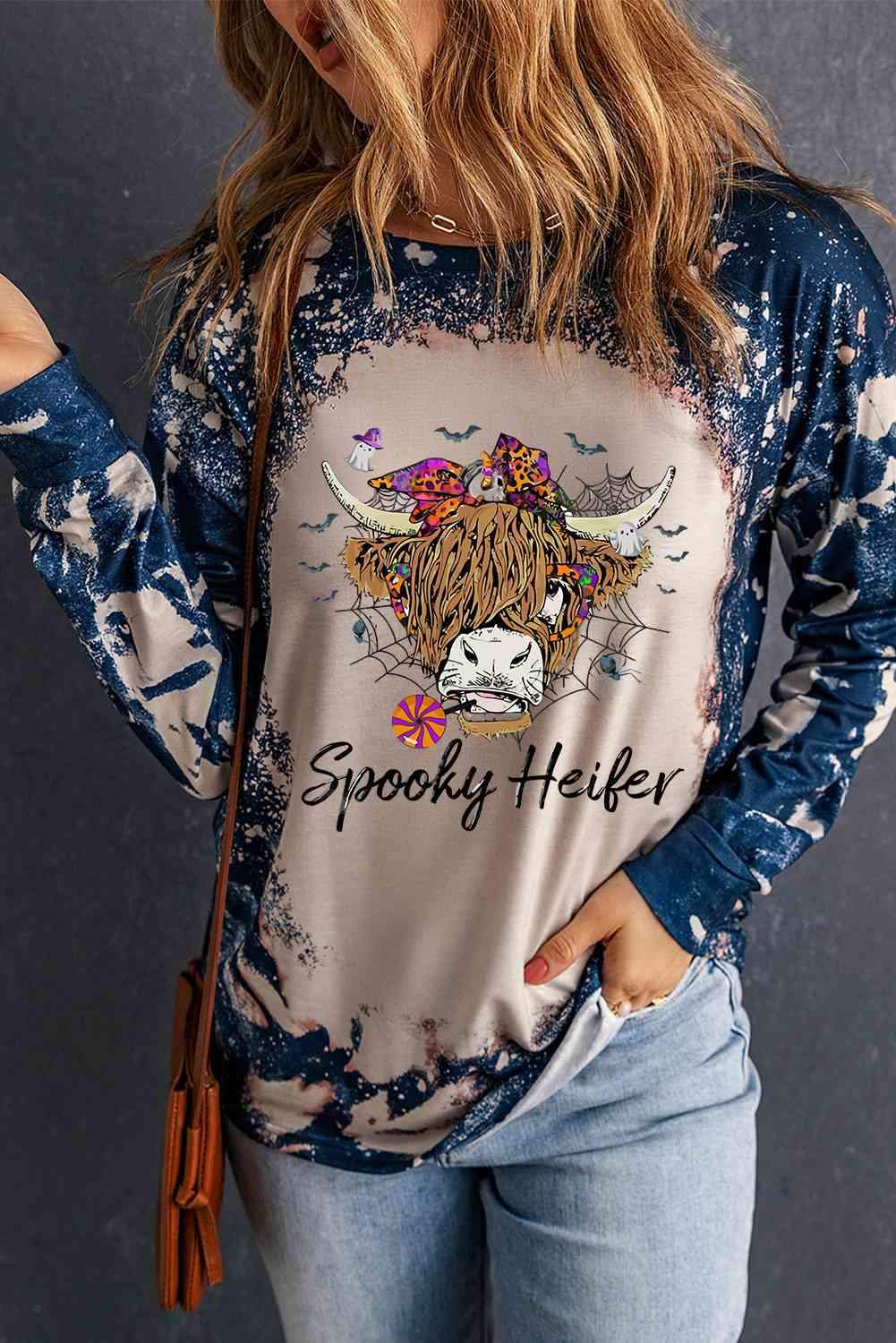 Round Neck Long Sleeve Printed SPOOKY HEIFER Graphic Tee Women's T-Shirts - Tophatter Daily Deals