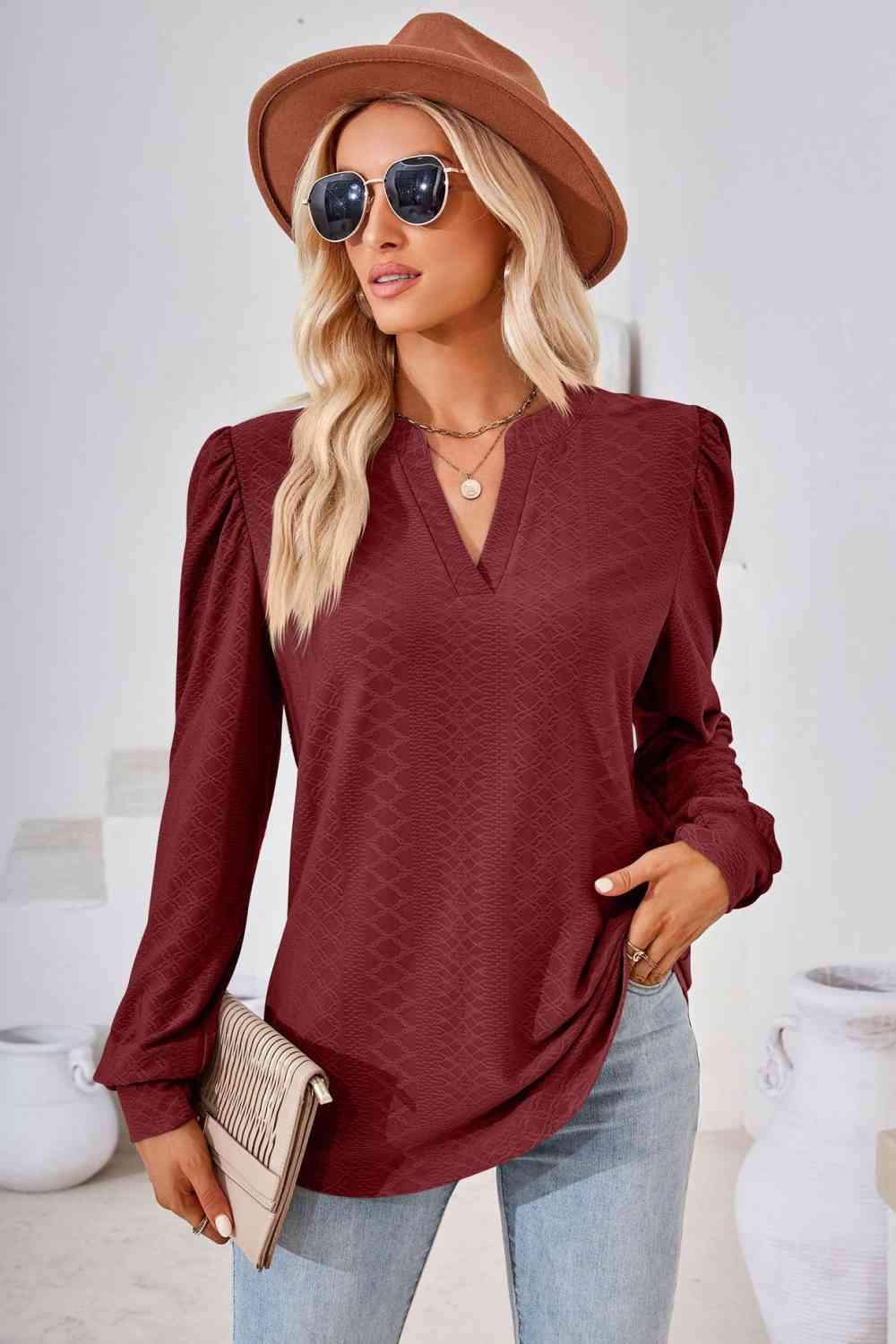 V-Neck Puff Sleeve Blouse Blouses - Tophatter Daily Deals