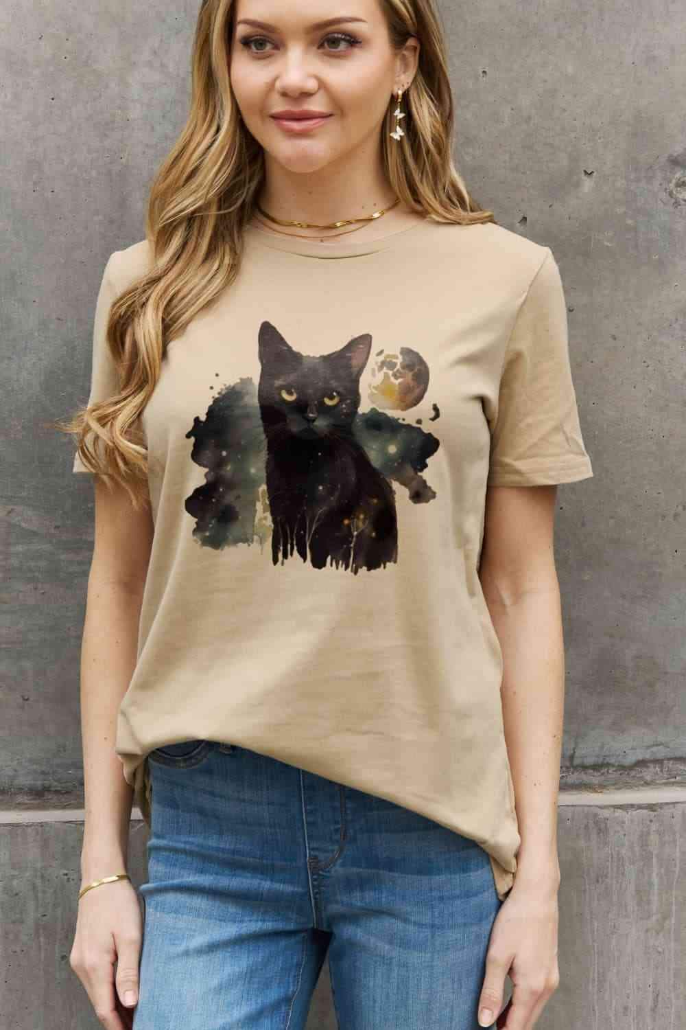 Simply Love Full Size Black Cat Graphic Cotton Tee Women's T-Shirts - Tophatter Daily Deals