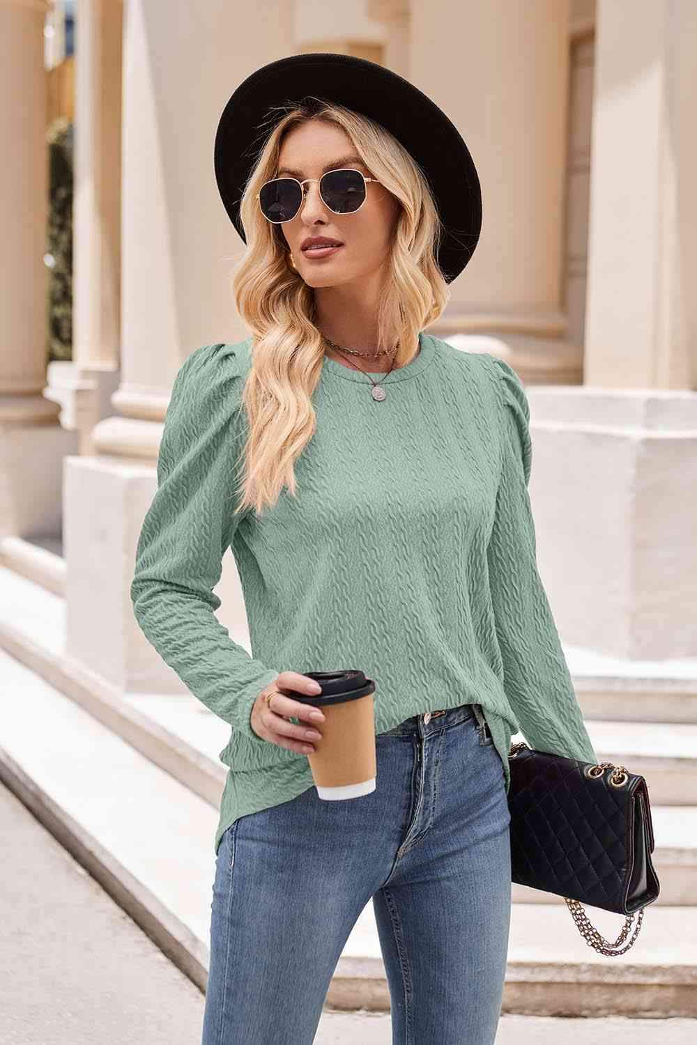 Round Neck Puff Sleeve Blouse Blouses - Tophatter Daily Deals