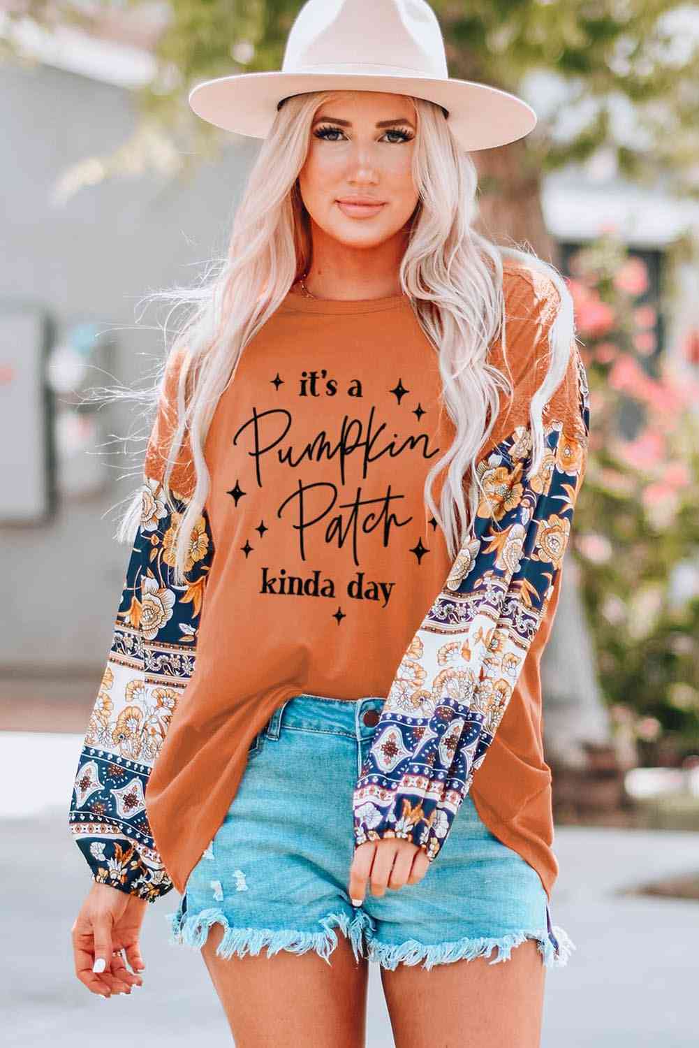 Slogan Graphic Floral Long Sleeve Top Caramel Women's T-Shirts - Tophatter Daily Deals