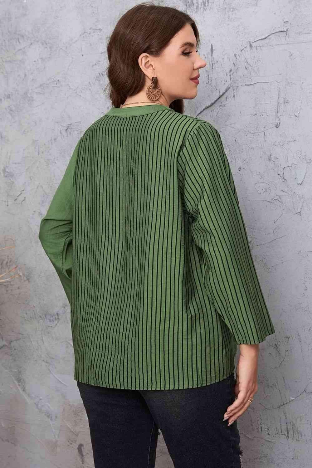 Plus Size Striped Notched Neck Top Blouses - Tophatter Daily Deals