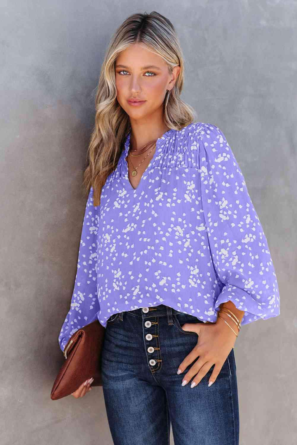 Double Take Printed Notched Neck Smocked Blouse Blouses - Tophatter Daily Deals