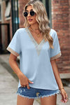 Openwork V-Neck Short Sleeve T-Shirt Pastel Blue Women's T-Shirts - Tophatter Daily Deals