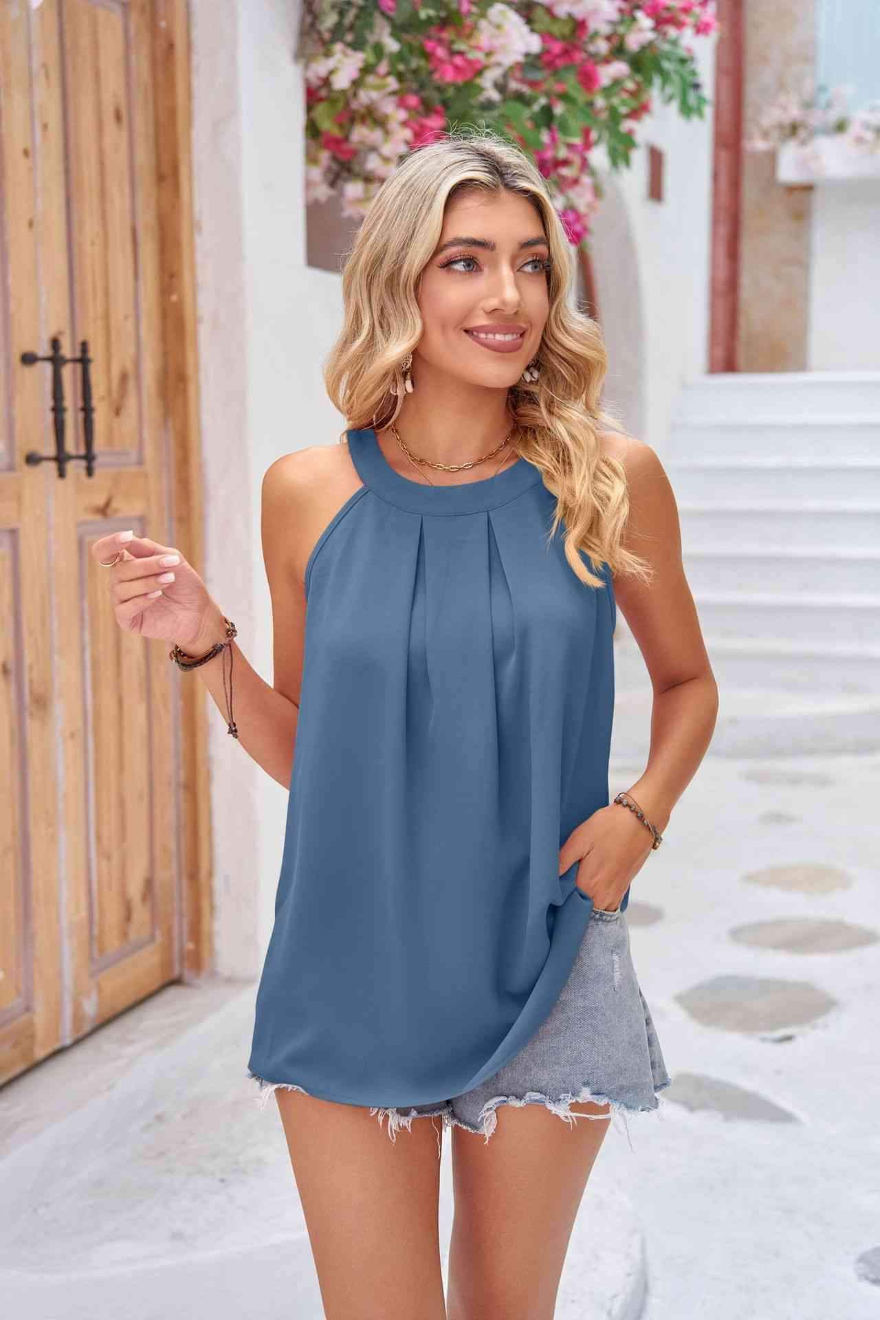 Grecian Neck Sleeveless Top Dusty Blue Blouses - Tophatter Daily Deals