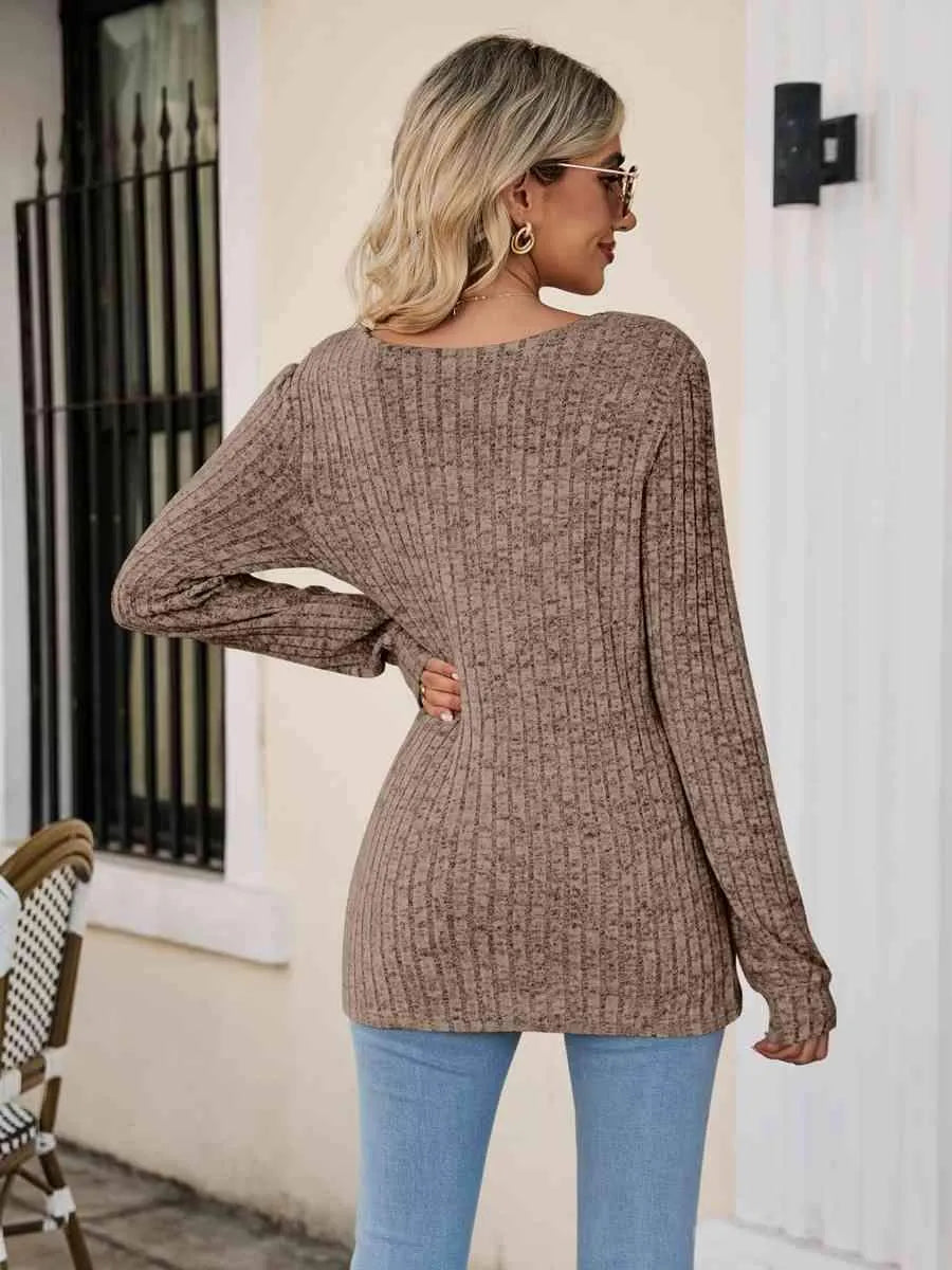 Square Neck Ribbed Long Sleeve T-Shirt Women's T-Shirts - Tophatter Daily Deals