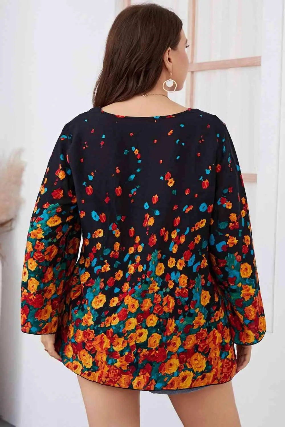 Melo Apparel Plus Size Floral Round Neck Long Sleeve Blouse Blouses - Tophatter Daily Deals