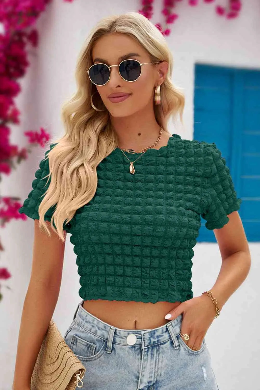 Round Neck Short Sleeve Crop Top Blouses - Tophatter Daily Deals