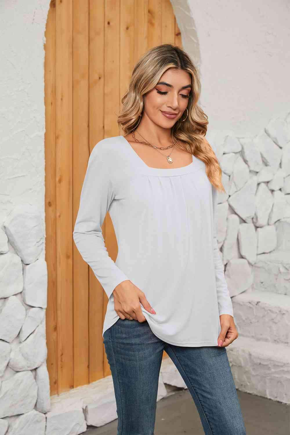 Square Neck Long Sleeve T-Shirt Women's T-Shirts - Tophatter Daily Deals