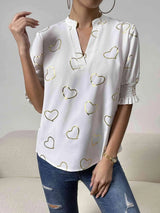 Heart Print Notched Neck Half Sleeve Blouse White Blouses - Tophatter Daily Deals