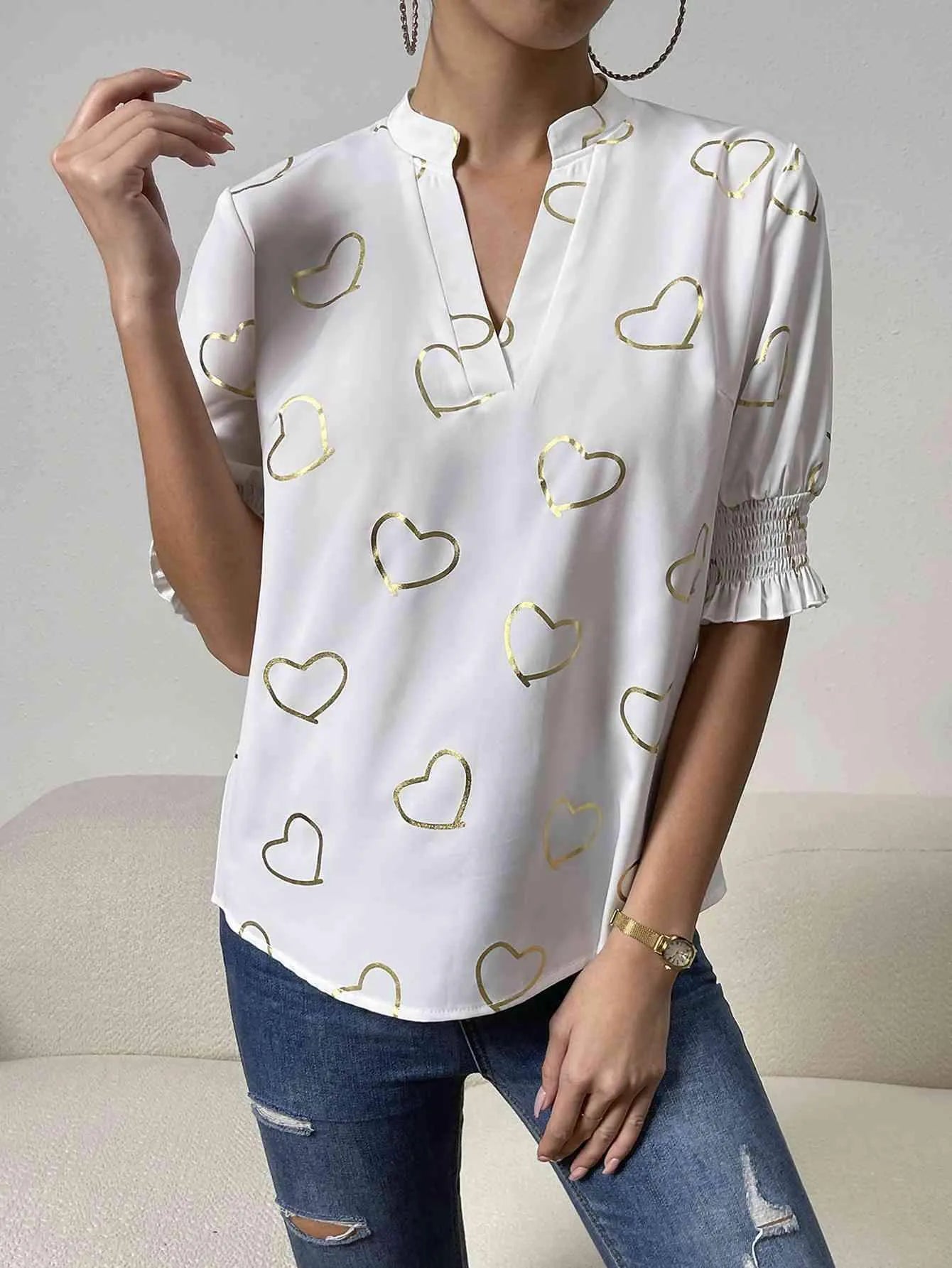 Heart Print Notched Neck Half Sleeve Blouse White Blouses - Tophatter Daily Deals