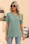 Openwork Round Neck Flounce Sleeve T-Shirt Women's T-Shirts - Tophatter Daily Deals