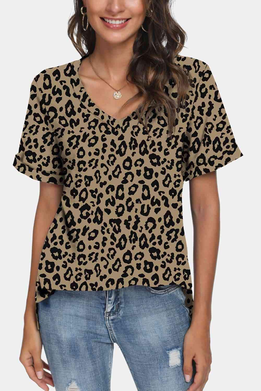 Leopard Print V-Neck Short Sleeve T-Shirt Leopard Women's T-Shirts - Tophatter Daily Deals