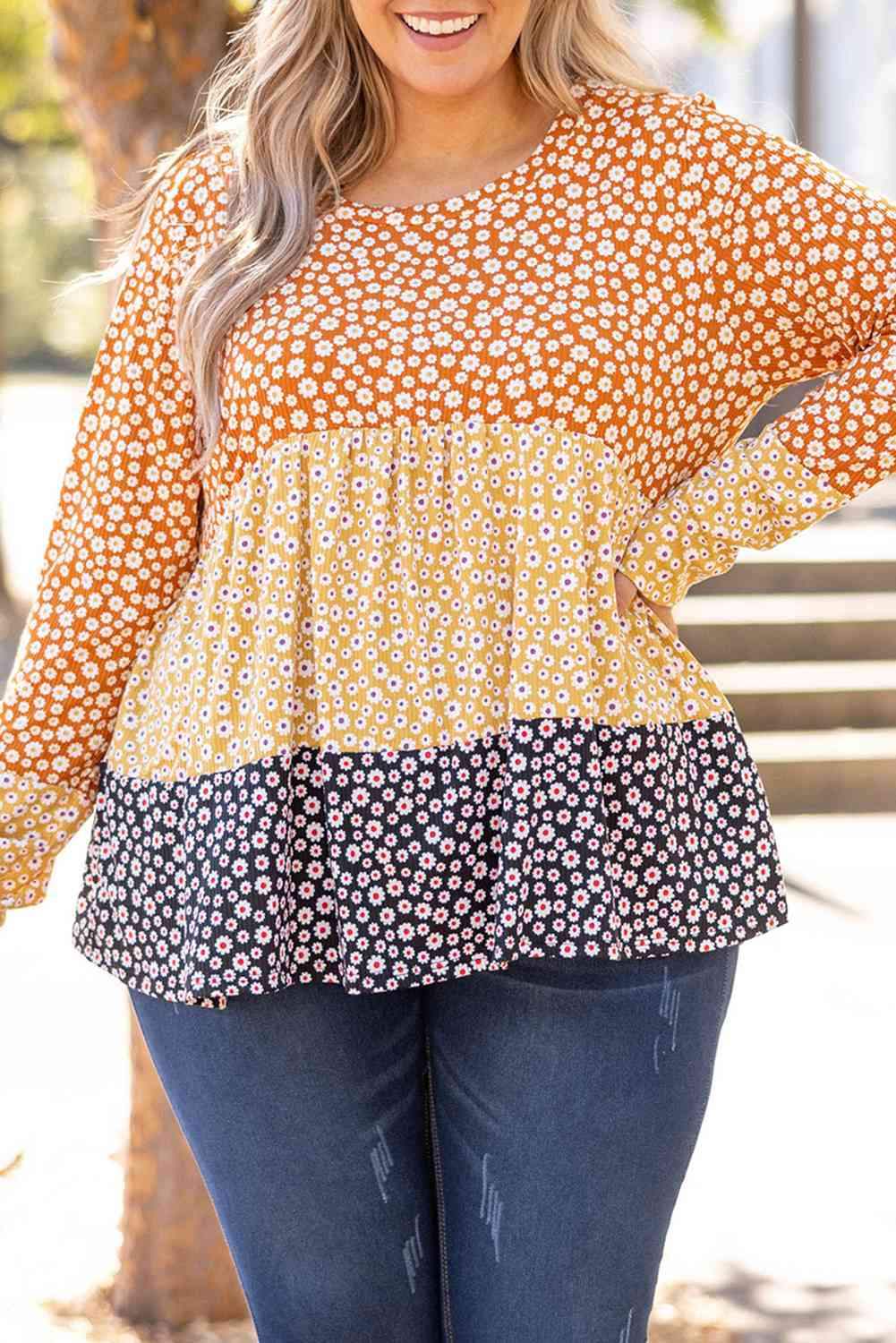 Plus Size Floral Color Block Babydoll Top Blouses - Tophatter Daily Deals