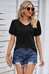 Heathered V-Neck Balloon Sleeve T-Shirt Black Women's T-Shirts - Tophatter Daily Deals