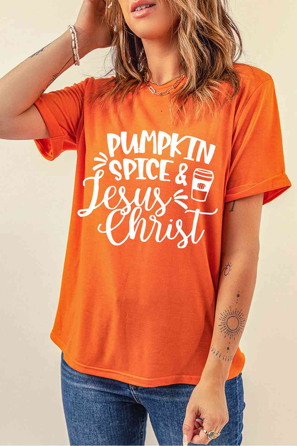 Round Neck Short Sleeve PUMPKIN SPICE JESUS CHRIST T-Shirt Pumpkin Women's T-Shirts - Tophatter Daily Deals