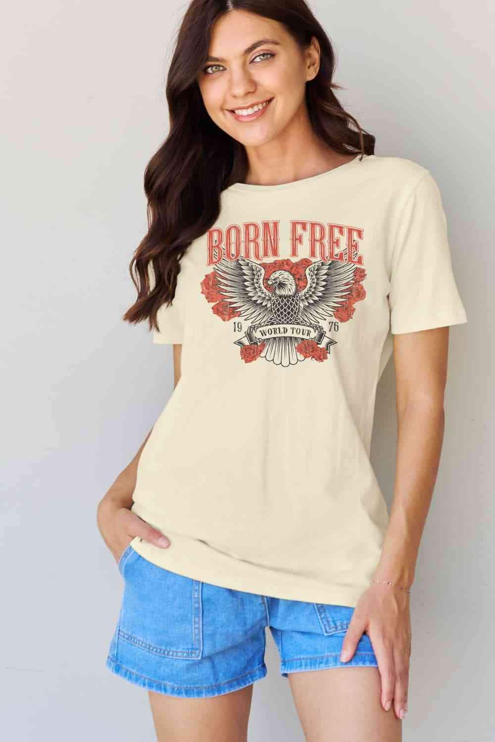 Simply Love Full Size BORN FREE 1976 WORLD TOUR Graphic Cotton T-Shirt Women's T-Shirts - Tophatter Daily Deals