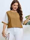 Plus Size Contrast Decorative Button Half Sleeve Top Camel Blouses - Tophatter Daily Deals