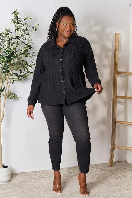 Heimish Full Size Waffle-Knit Button Down Blouse Blouses - Tophatter Daily Deals