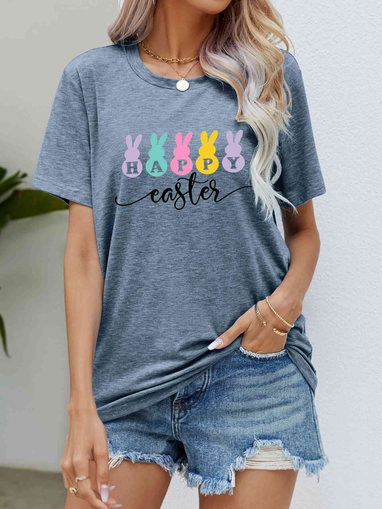 HAPPY EASTER Graphic Round Neck T-Shirt Misty Blue Women's T-Shirts - Tophatter Daily Deals