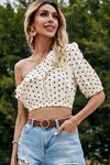 Polka Dot One-Shoulder Ruffled Crop Top Blouses - Tophatter Daily Deals