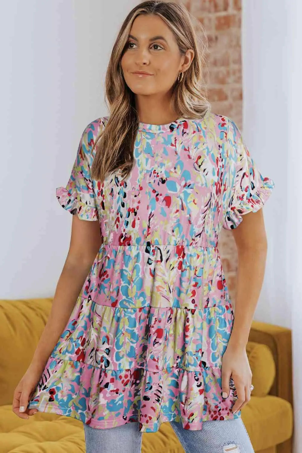 Floral Flounce Sleeve Tiered Blouse Lilac Blouses - Tophatter Daily Deals