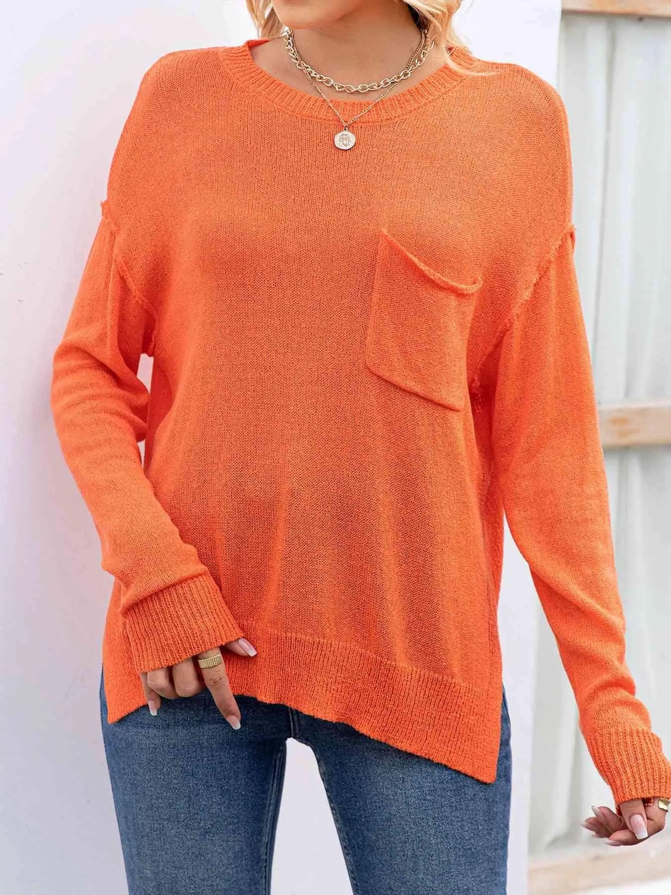 Round Neck Dropped Shoulder Slit T-Shirt Orange Women's T-Shirts - Tophatter Daily Deals