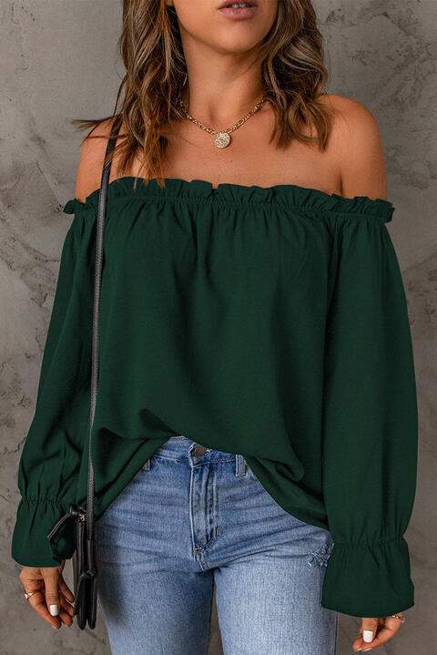 Off-Shoulder Flounce Sleeve Blouse Green Blouses - Tophatter Daily Deals