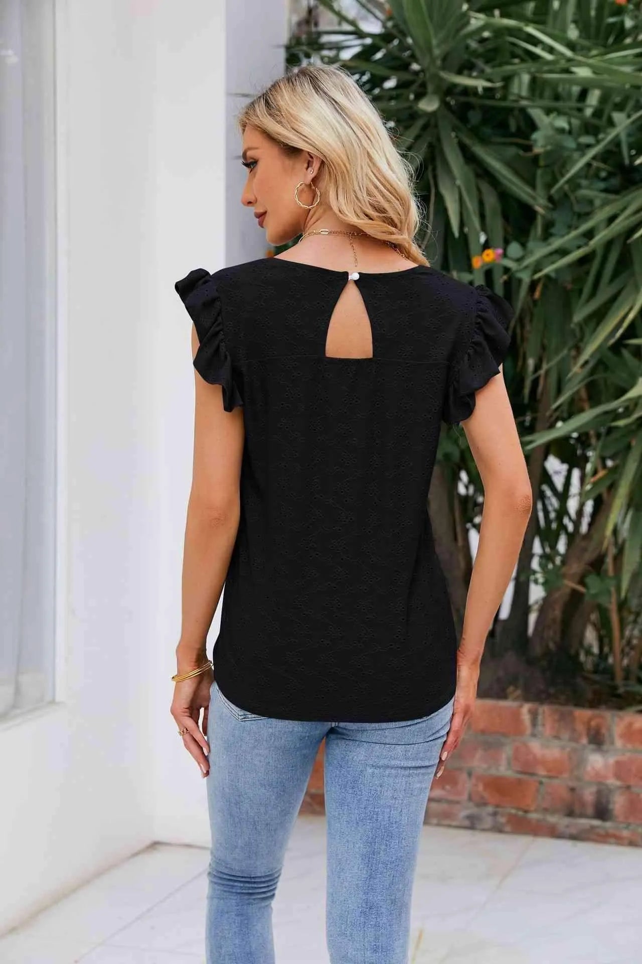 V-Neck Flutter Sleeve Eyelet Top Blouses - Tophatter Daily Deals
