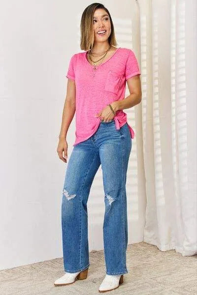 Zenana V-Neck Short Sleeve Slit T-Shirt Blouses - Tophatter Daily Deals