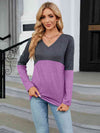 V-Neck Long Sleeve Two-Tone T-Shirt Women's T-Shirts - Tophatter Daily Deals