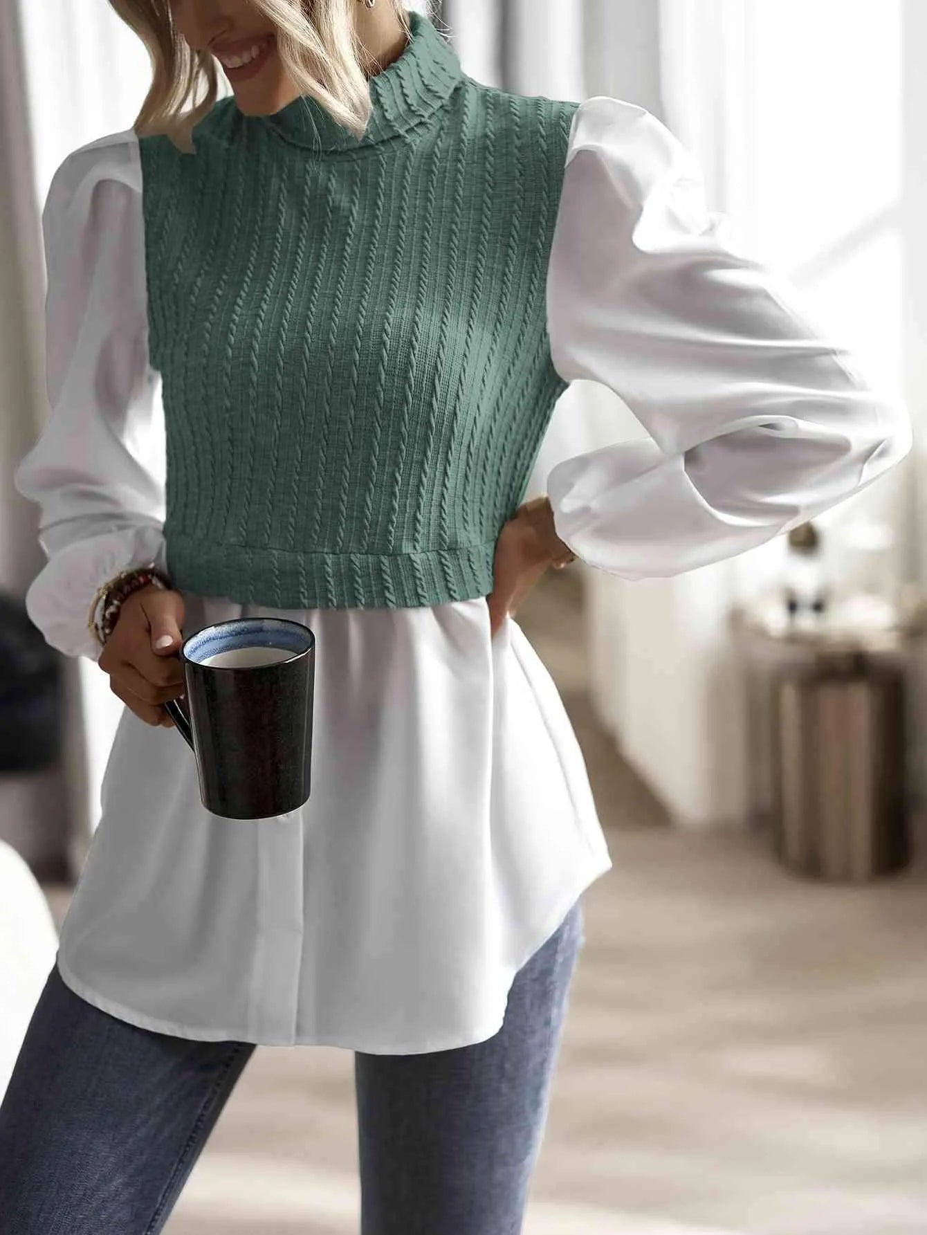 Contrast Cable-Knit Mock Neck Top Teal Blouses - Tophatter Daily Deals