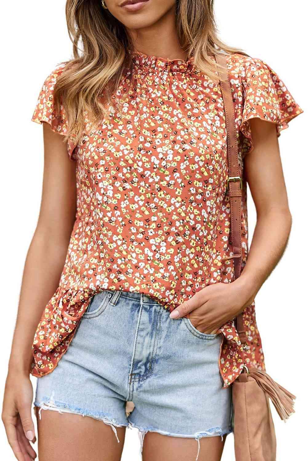 Floral Flutter Sleeve Frill Trim Blouse Blouses - Tophatter Daily Deals