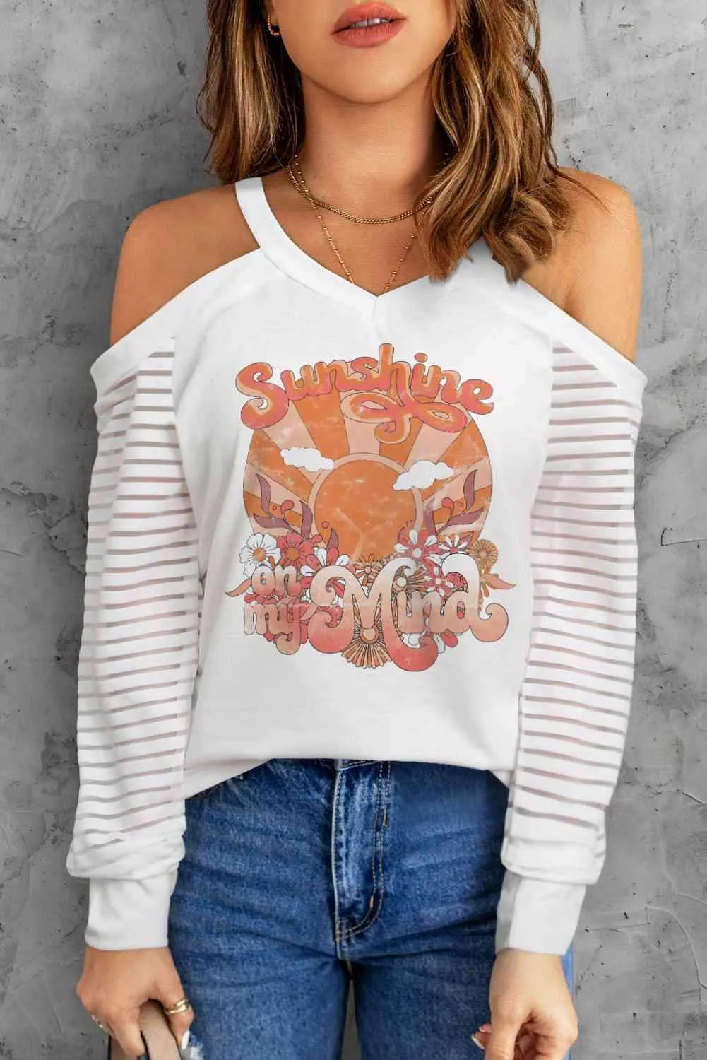Cold Shoulder SUNSHINE ON MY MIND Graphic Blouse White Blouses - Tophatter Daily Deals
