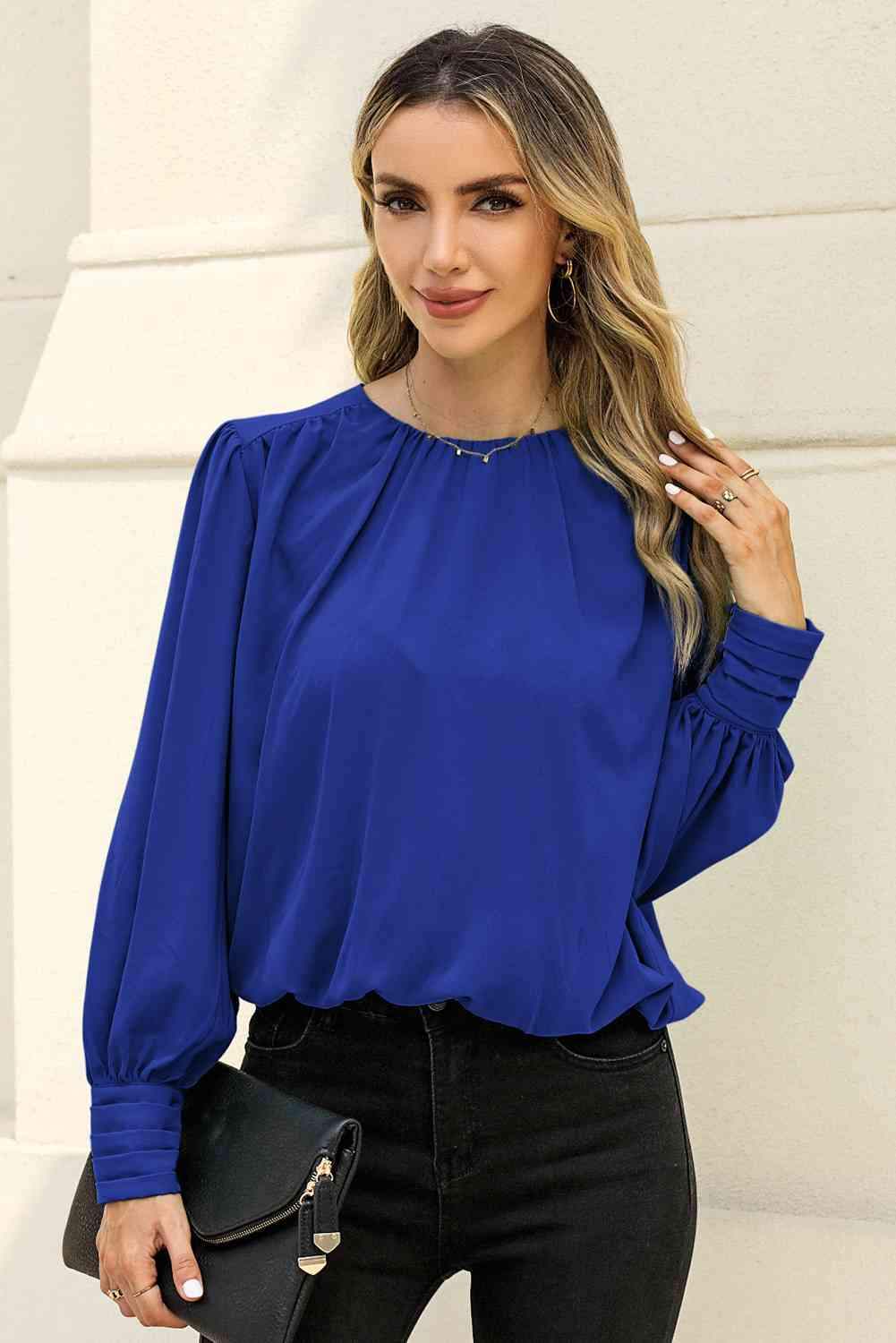 Round Neck Puff Sleeve Blouse Blouses - Tophatter Daily Deals