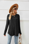 Round Neck Ribbed Long Sleeve T-Shirt Black Women's T-Shirts - Tophatter Daily Deals