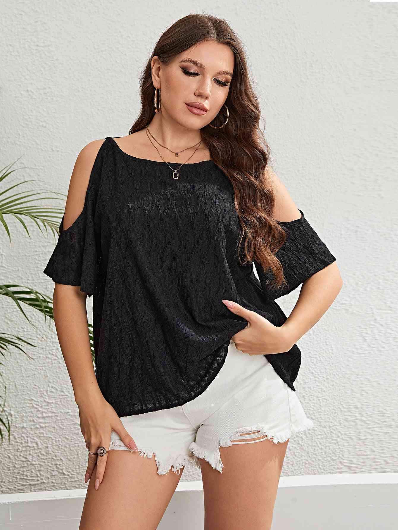 Plus Size Boat Neck Cold-Shoulder Blouse Black Blouses - Tophatter Daily Deals