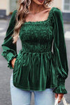 Smocked Ribbed Velvet Babydoll Top Green Blouses - Tophatter Daily Deals