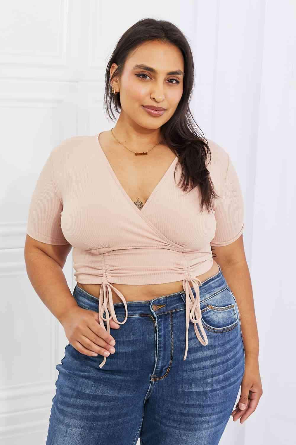 Capella Back To Simple Full Size Ribbed Front Scrunched Top in Blush Peach Blouses - Tophatter Daily Deals