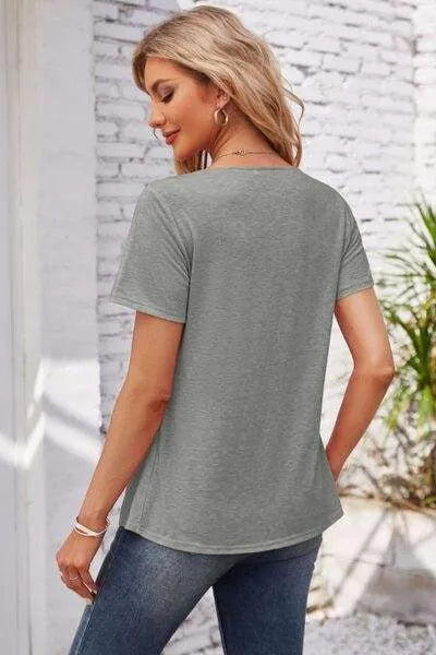 Decorative Button Scoop Neck T-Shirt Women's T-Shirts - Tophatter Daily Deals
