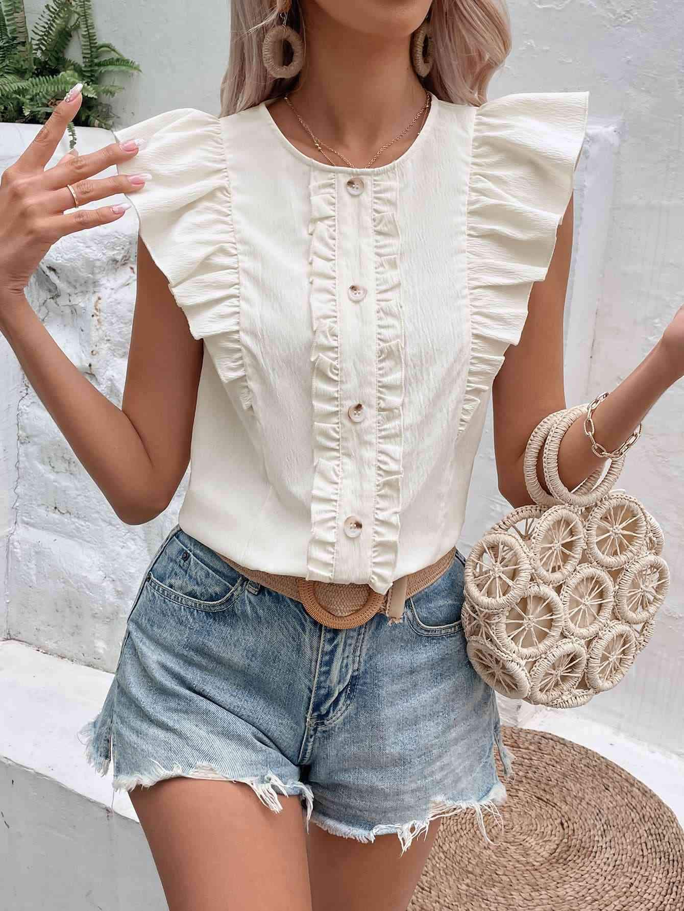 Decorative Button Frill Trim Round Neck Top Blouses - Tophatter Daily Deals