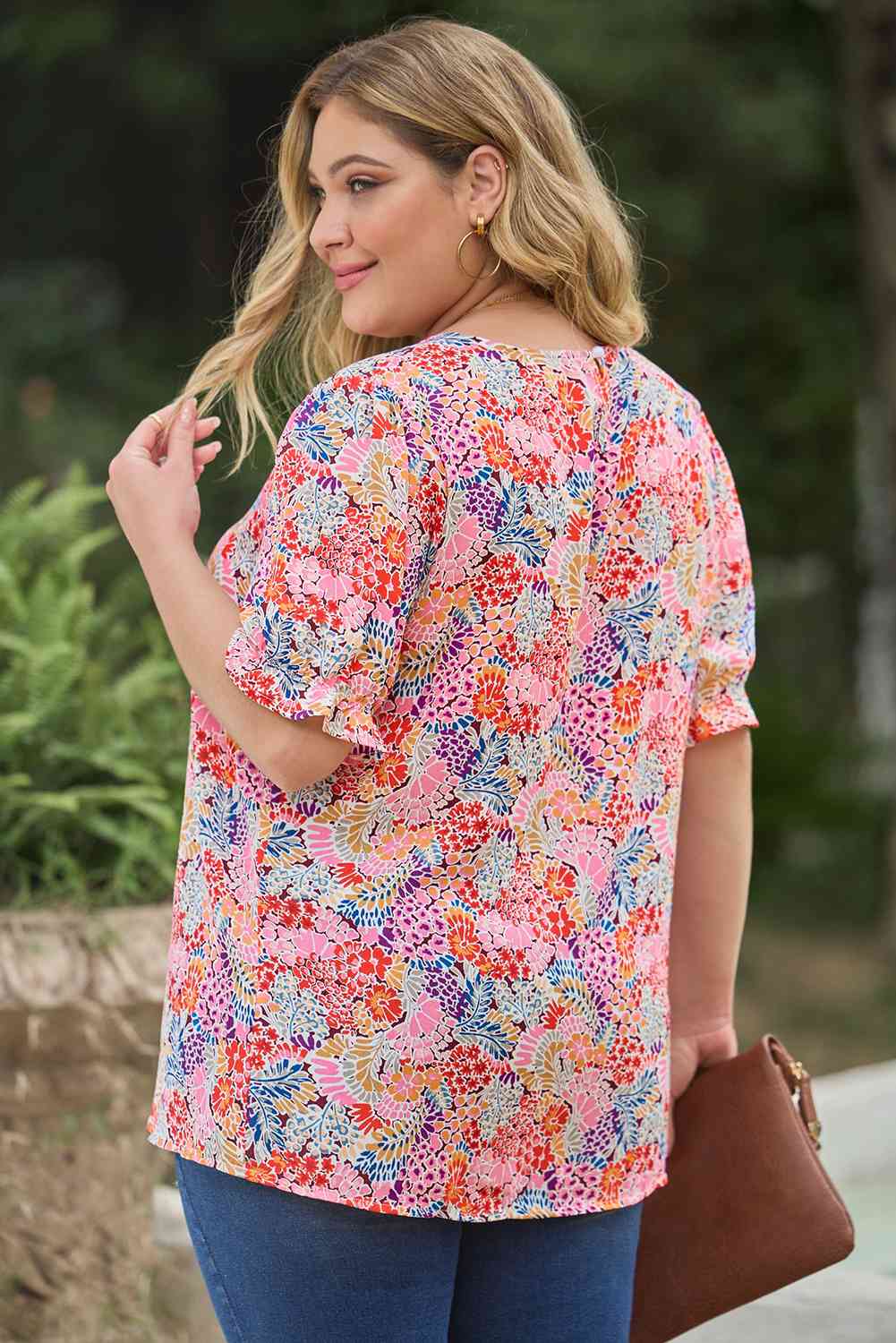 Plus Size Multicolored Round Neck Flounce Sleeve Blouse - Tophatter Deals
