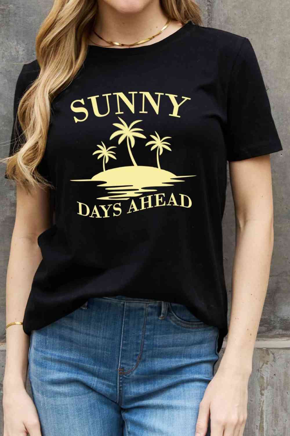 Simply Love Full Size SUNNY DAYS AHEAD Graphic Cotton Tee Black Women's T-Shirts - Tophatter Daily Deals