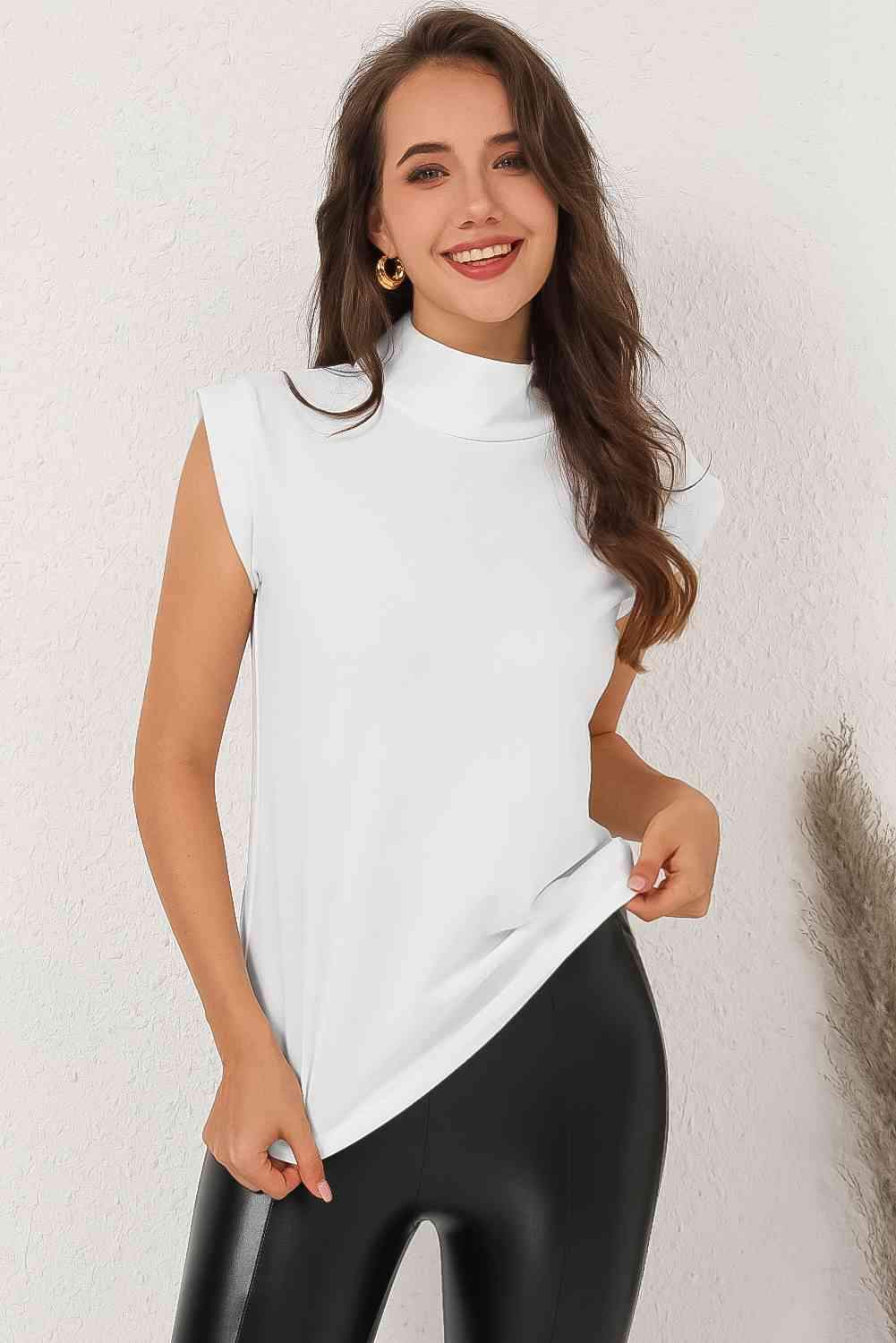 Mock Neck Cap Sleeve Blouse White Blouses - Tophatter Daily Deals